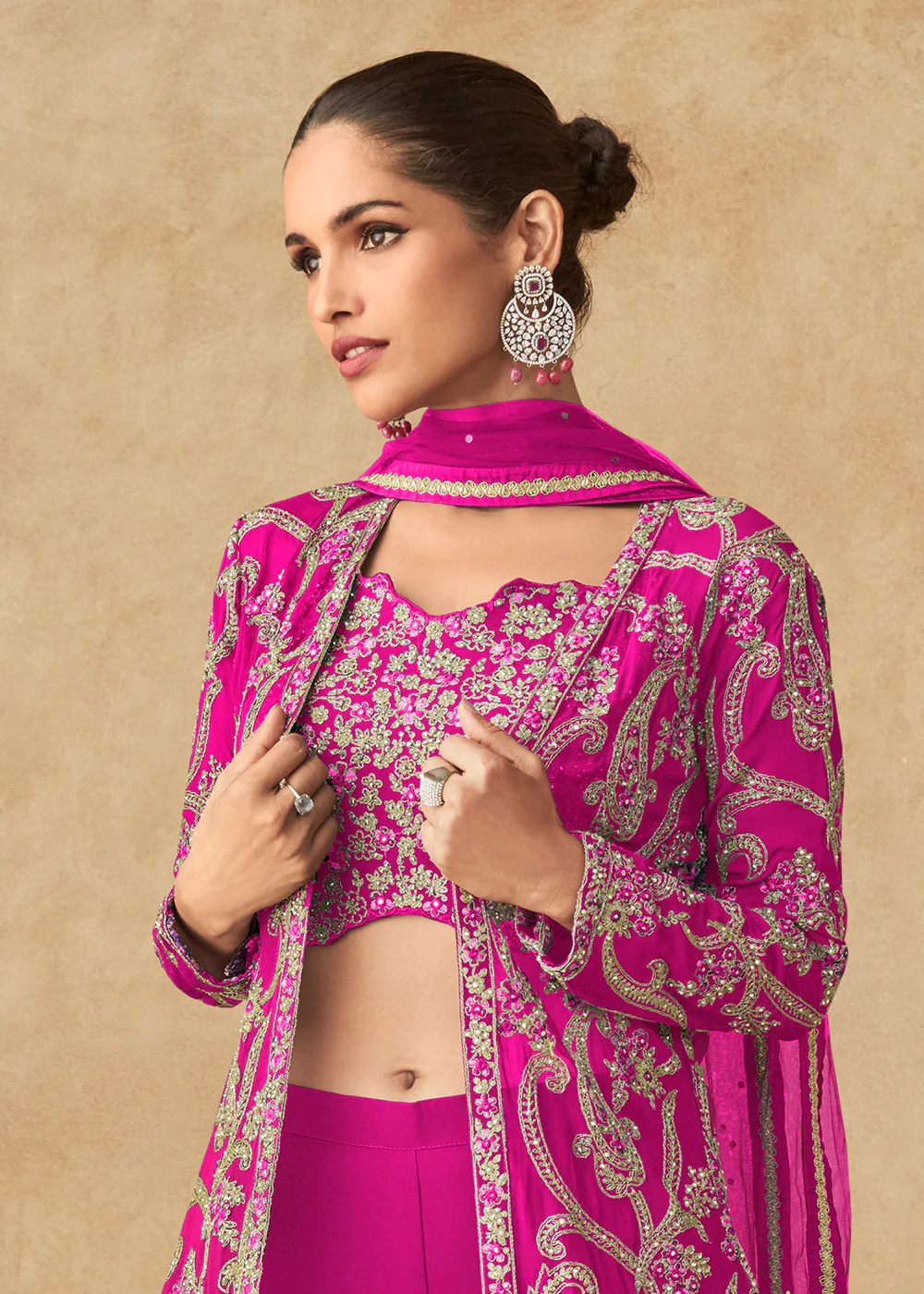 Hot Pink Embroidered Jacket Style Palazzo Suit - Image 2