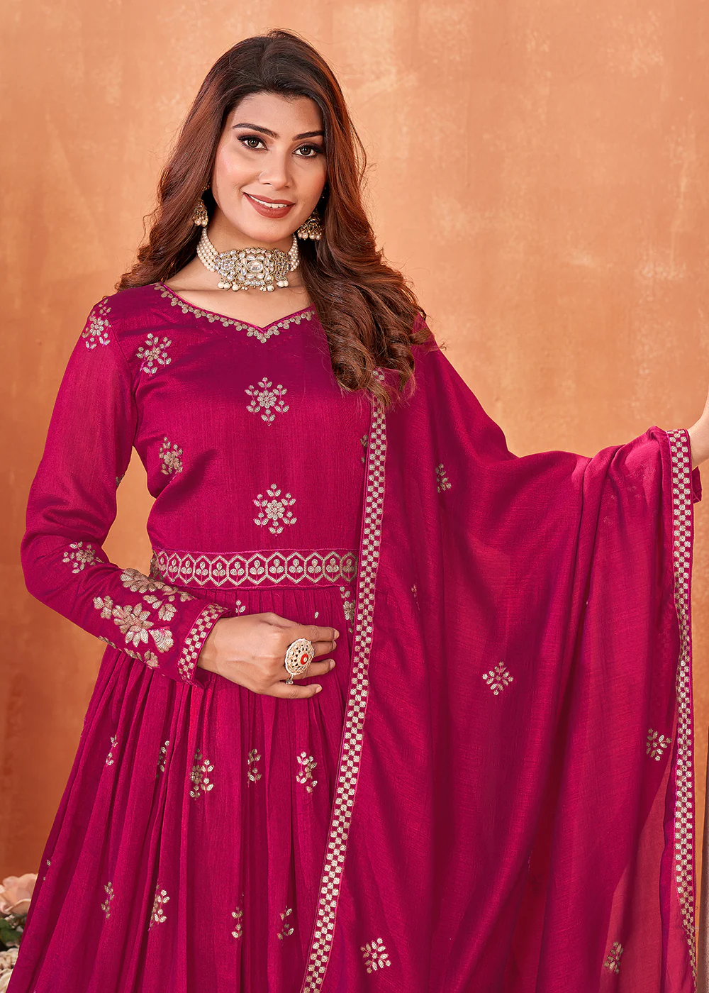 Hot Pink Festive Embroidered Art Silk Anarkali Suit - Image 2