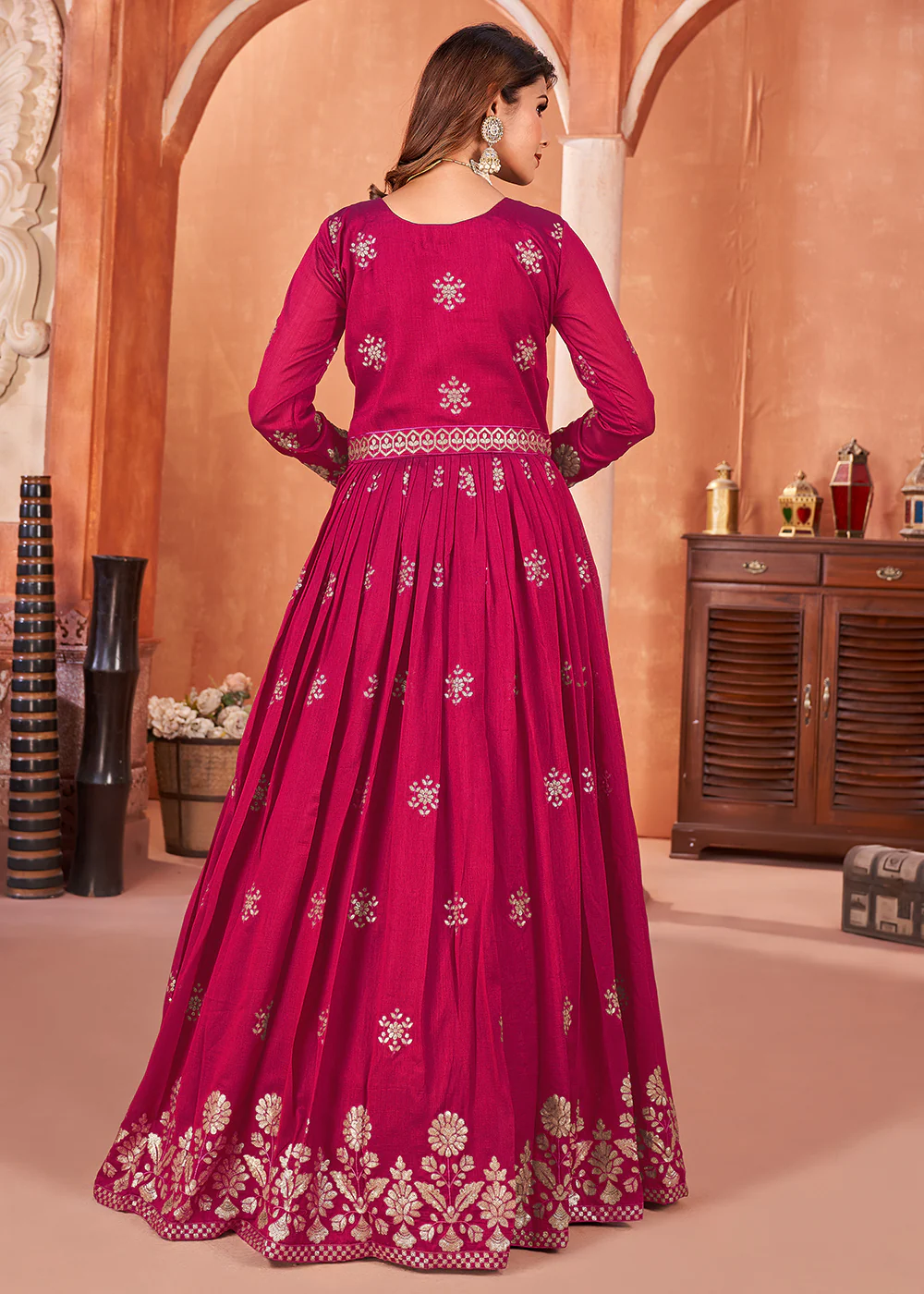 Hot Pink Festive Embroidered Art Silk Anarkali Suit - Image 3