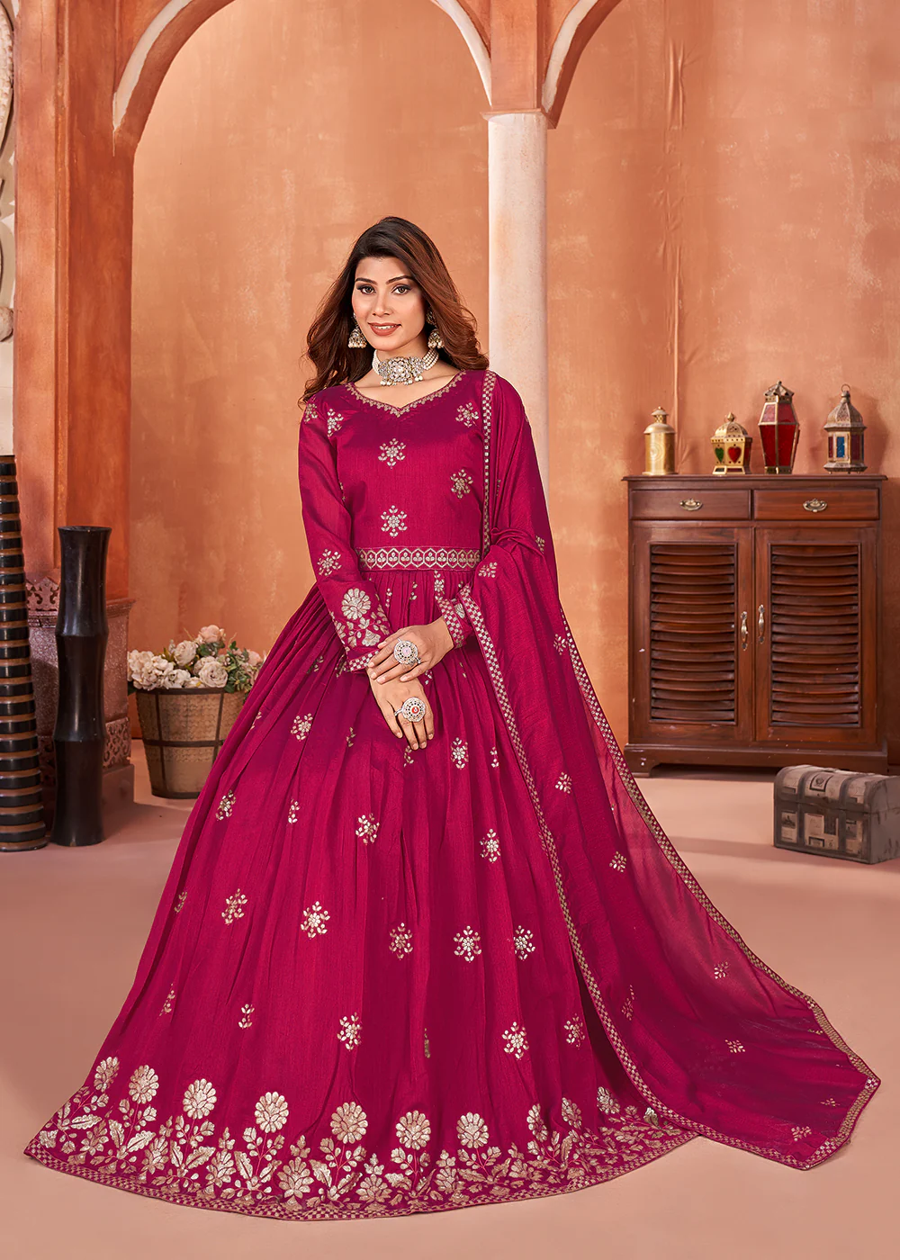 Hot Pink Festive Embroidered Art Silk Anarkali Suit - Image 4