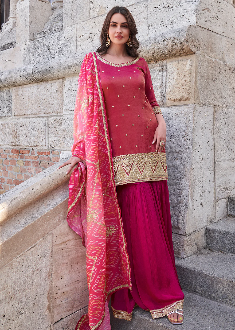 Hot Pink Festive Style Chinnon Gharara Style Suit
