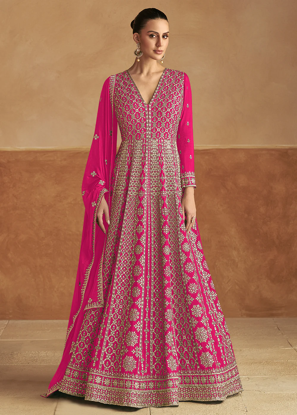 Hot Pink Front & Back Embroidery Wedding Anarkali Suit