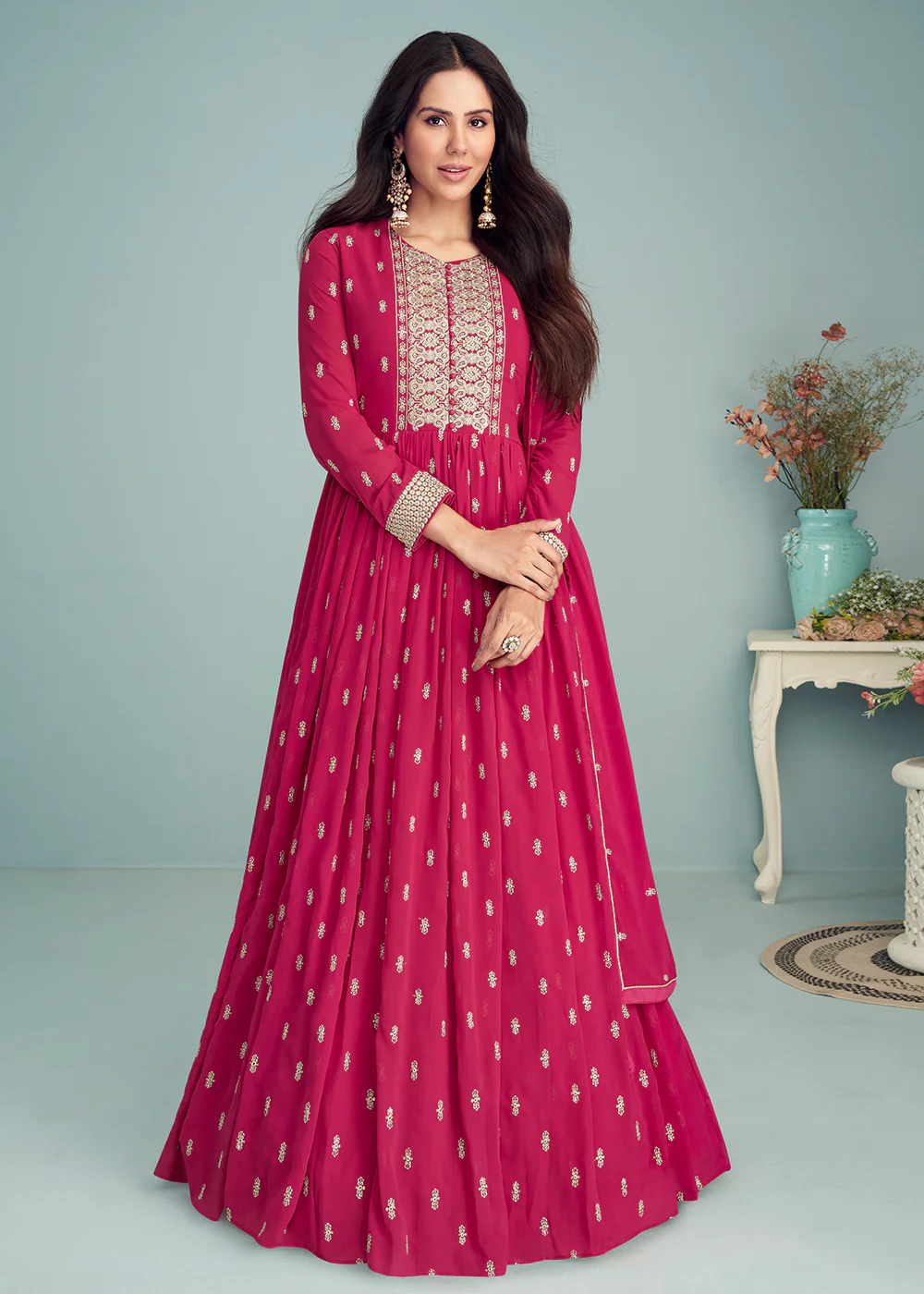 Hot Pink Georgette Embellished Wedding Anarkali Suit