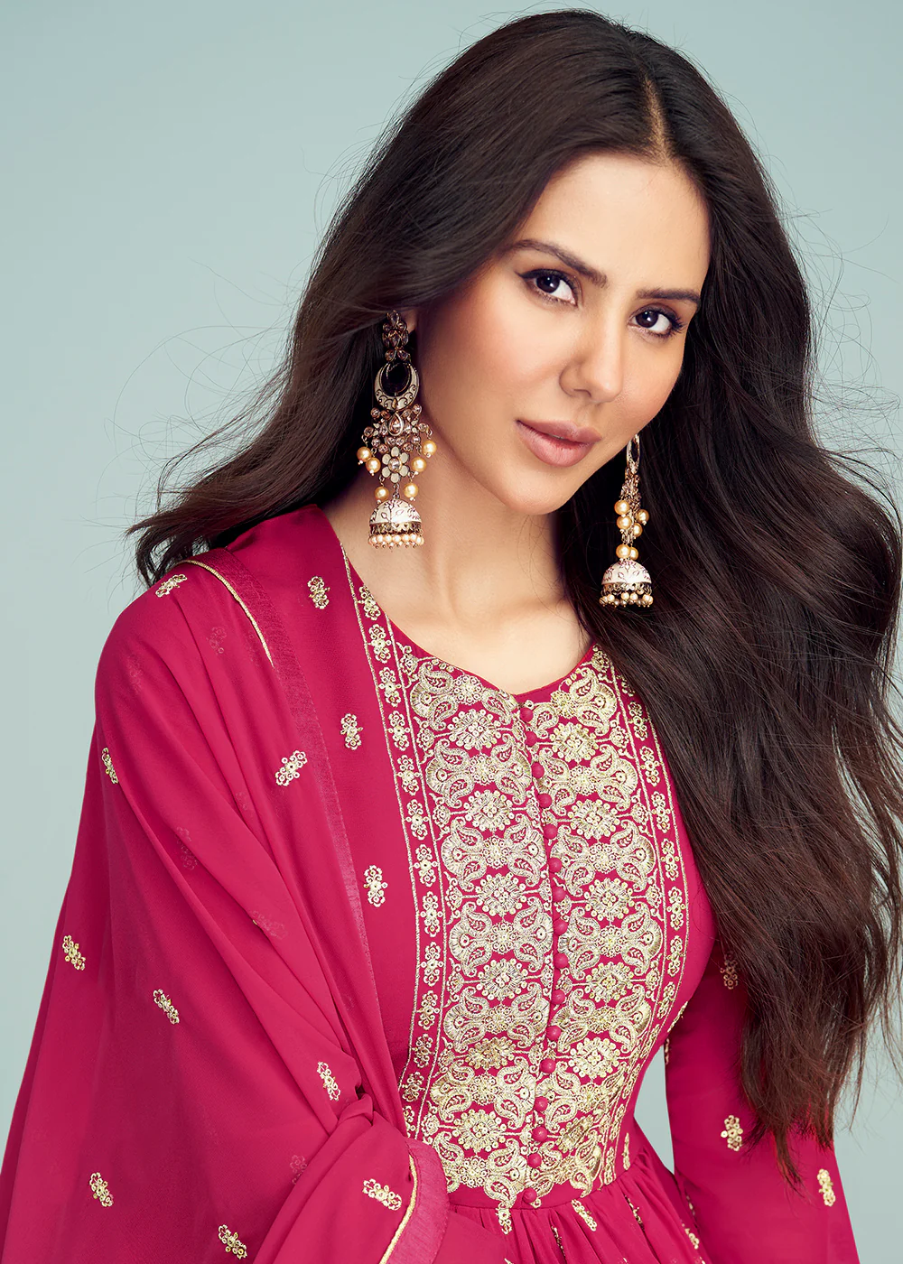 Hot Pink Georgette Embellished Wedding Anarkali Suit - Image 2