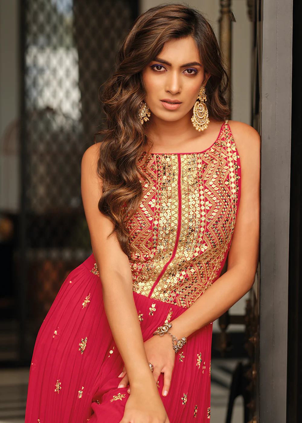 Hot Pink Indo-Western Embroidered Chinon Jumpsuit - Image 2