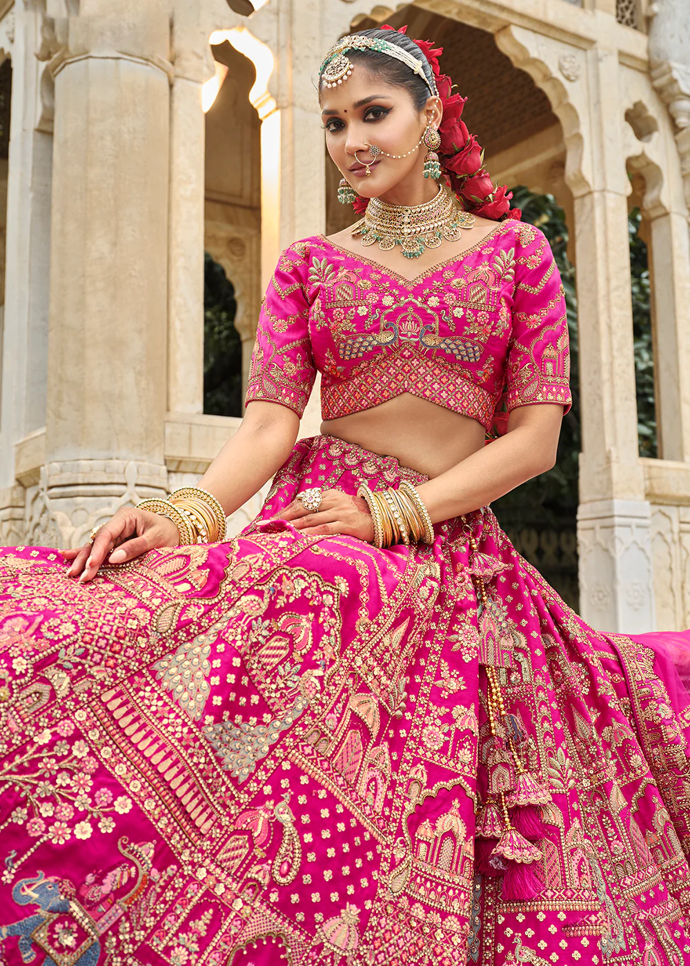 Hot Pink Khatli Embroidered Silk Bridal Lehenag Choli - Image 2