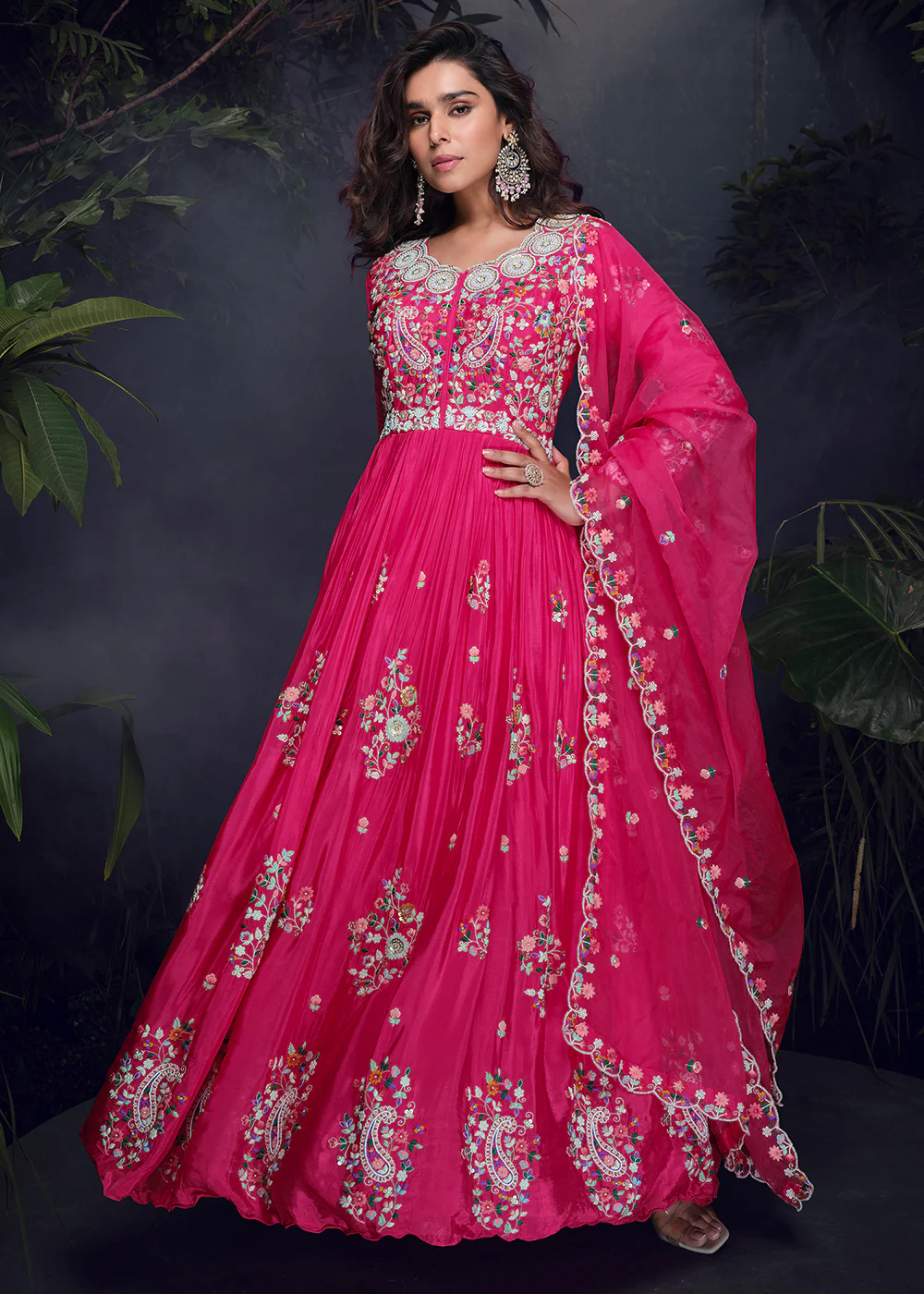 Hot Pink Multi Threads Handwork Party Anarkali Gown