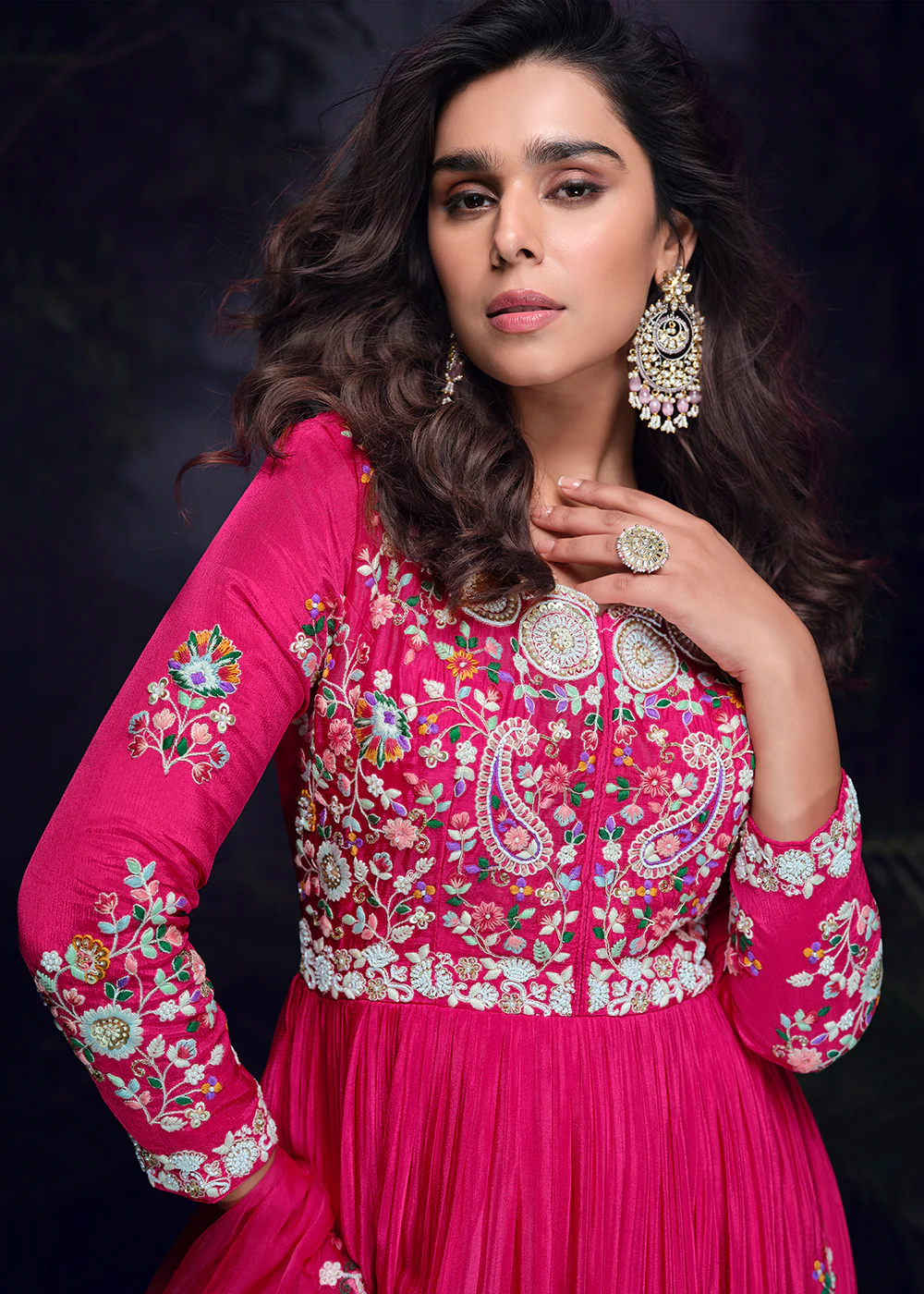 Hot Pink Multi Threads Handwork Party Anarkali Gown - Image 2