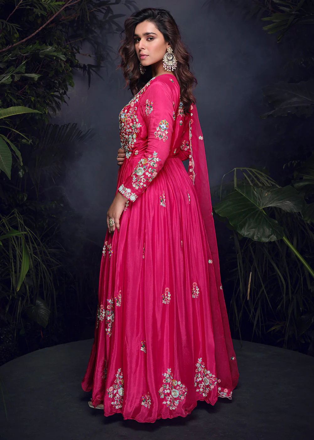 Hot Pink Multi Threads Handwork Party Anarkali Gown - Image 3