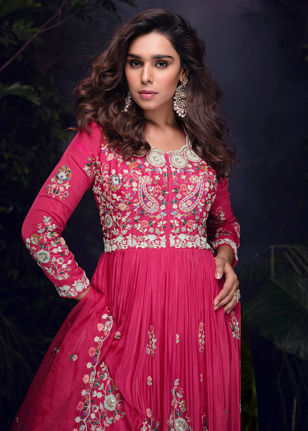 Hot Pink Multi Threads Handwork Party Anarkali Gown - Image 4