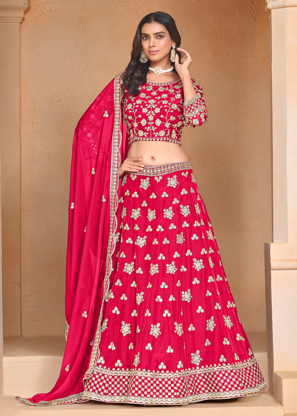 Hot Pink Organza Embroidered Festive Lehenga Choli