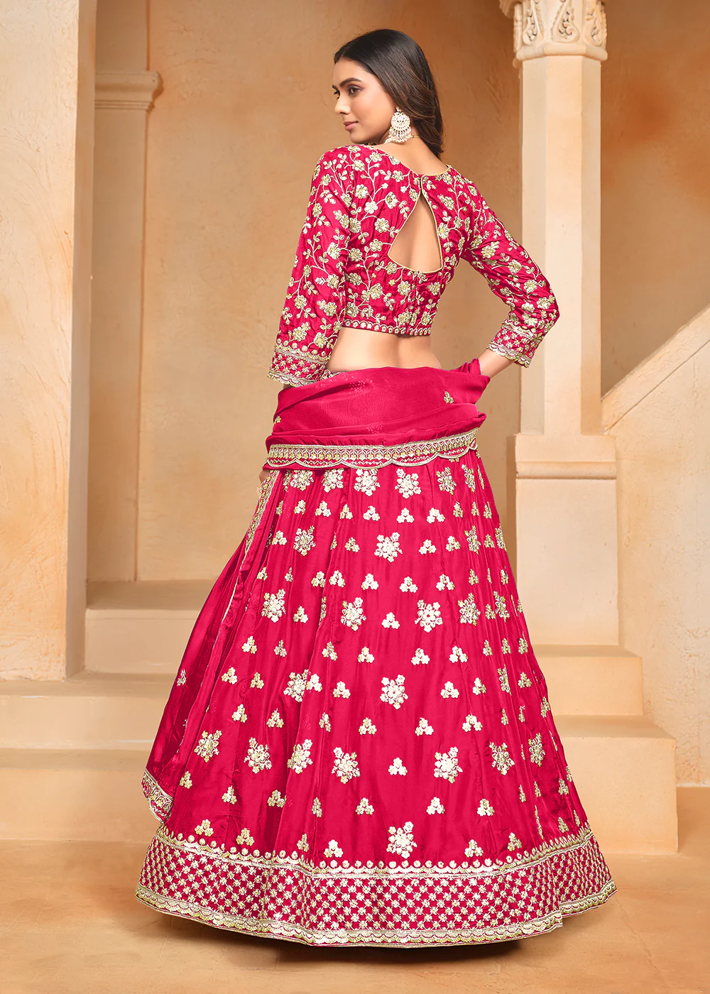 Hot Pink Organza Embroidered Festive Lehenga Choli - Image 3