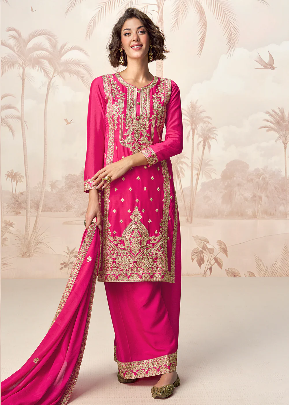 Hot Pink Premium Chinnon Festive Wedding Palazzo Suit