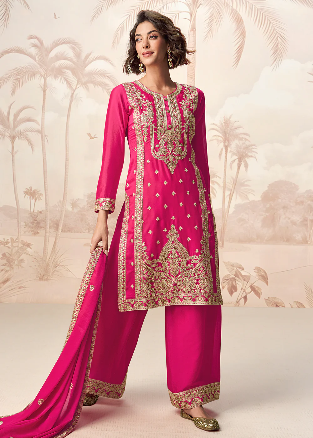 Hot Pink Premium Chinnon Festive Wedding Palazzo Suit - Image 3