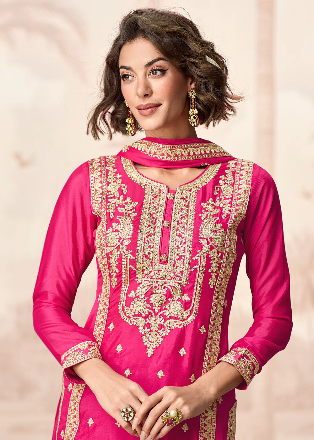 Hot Pink Premium Chinnon Festive Wedding Palazzo Suit - Image 4