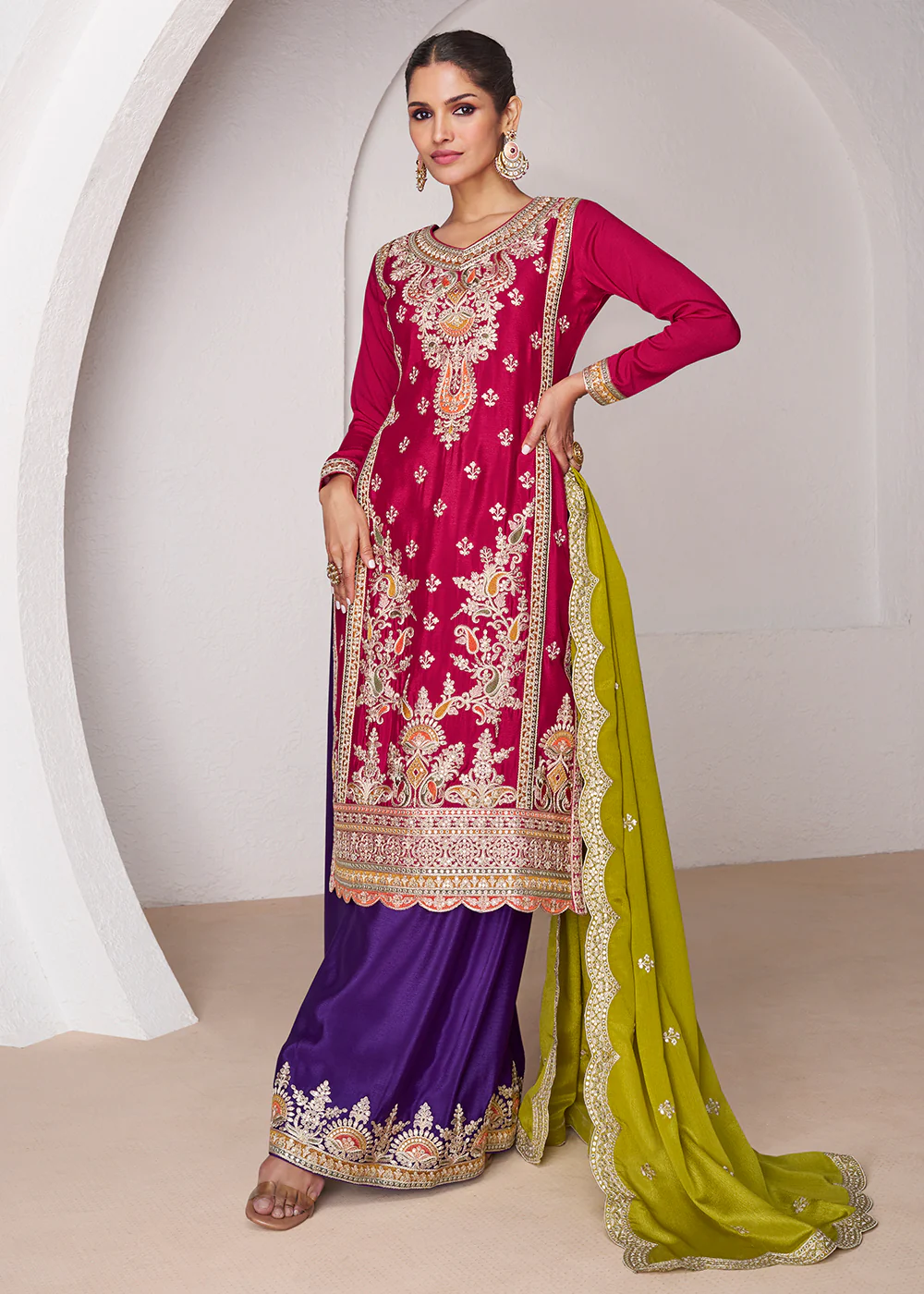 Hot Pink & Purple Ceremonial Designer Palazzo Suit - Image 3