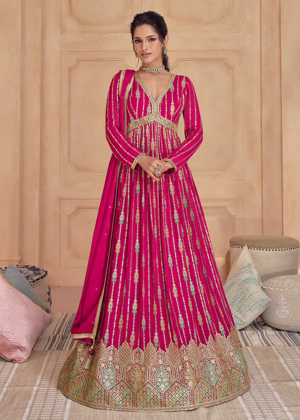 Hot Pink Real Georgette Embroidered Long Anarkali Gown