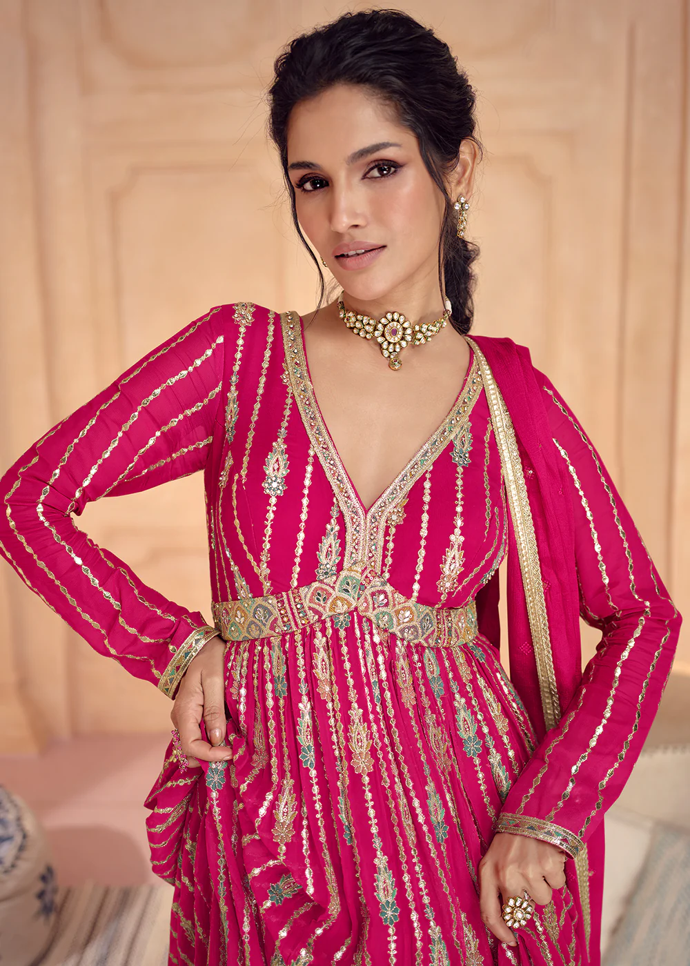 Hot Pink Real Georgette Embroidered Long Anarkali Gown - Image 2