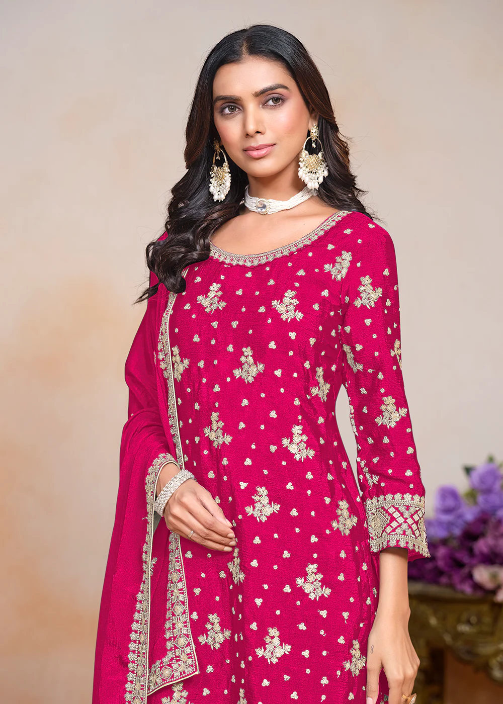Hot Pink Sequins Embroidered Chinnon Festive Palazzo Suit - Image 2