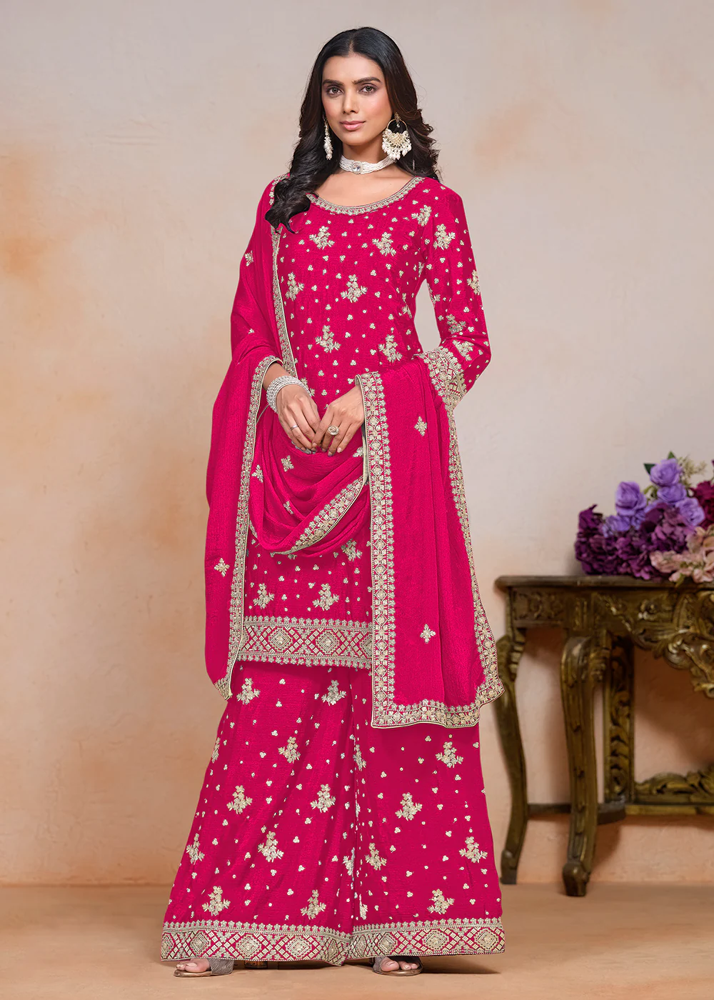 Hot Pink Sequins Embroidered Chinnon Festive Palazzo Suit - Image 3