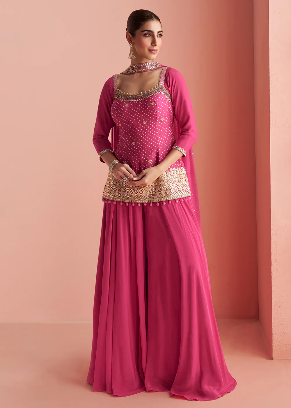 Hot Pink Short Shirt Style Trendy Palazzo Suit