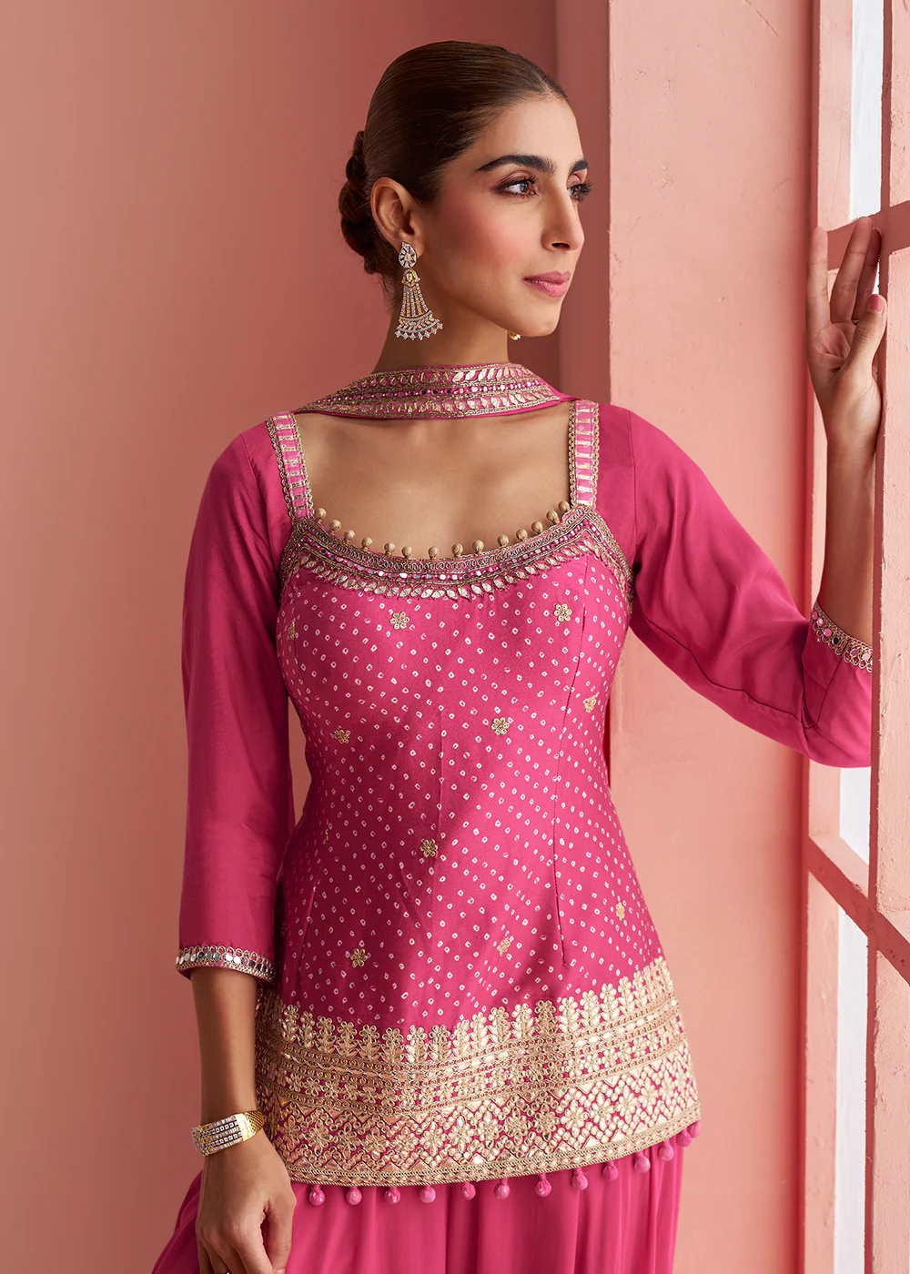 Hot Pink Short Shirt Style Trendy Palazzo Suit - Image 2