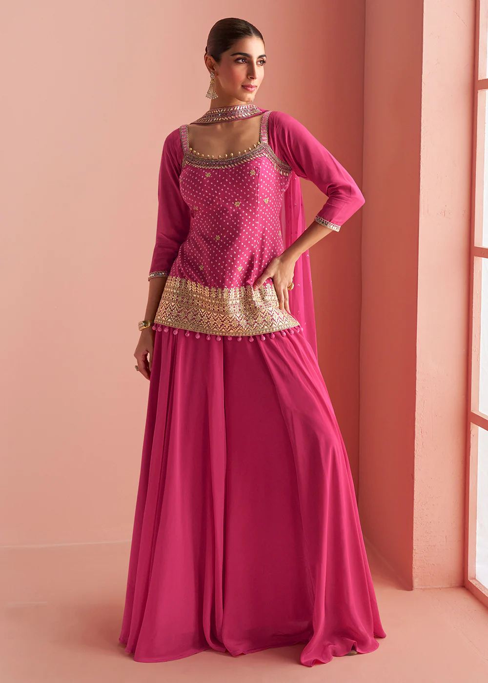 Hot Pink Short Shirt Style Trendy Palazzo Suit - Image 3