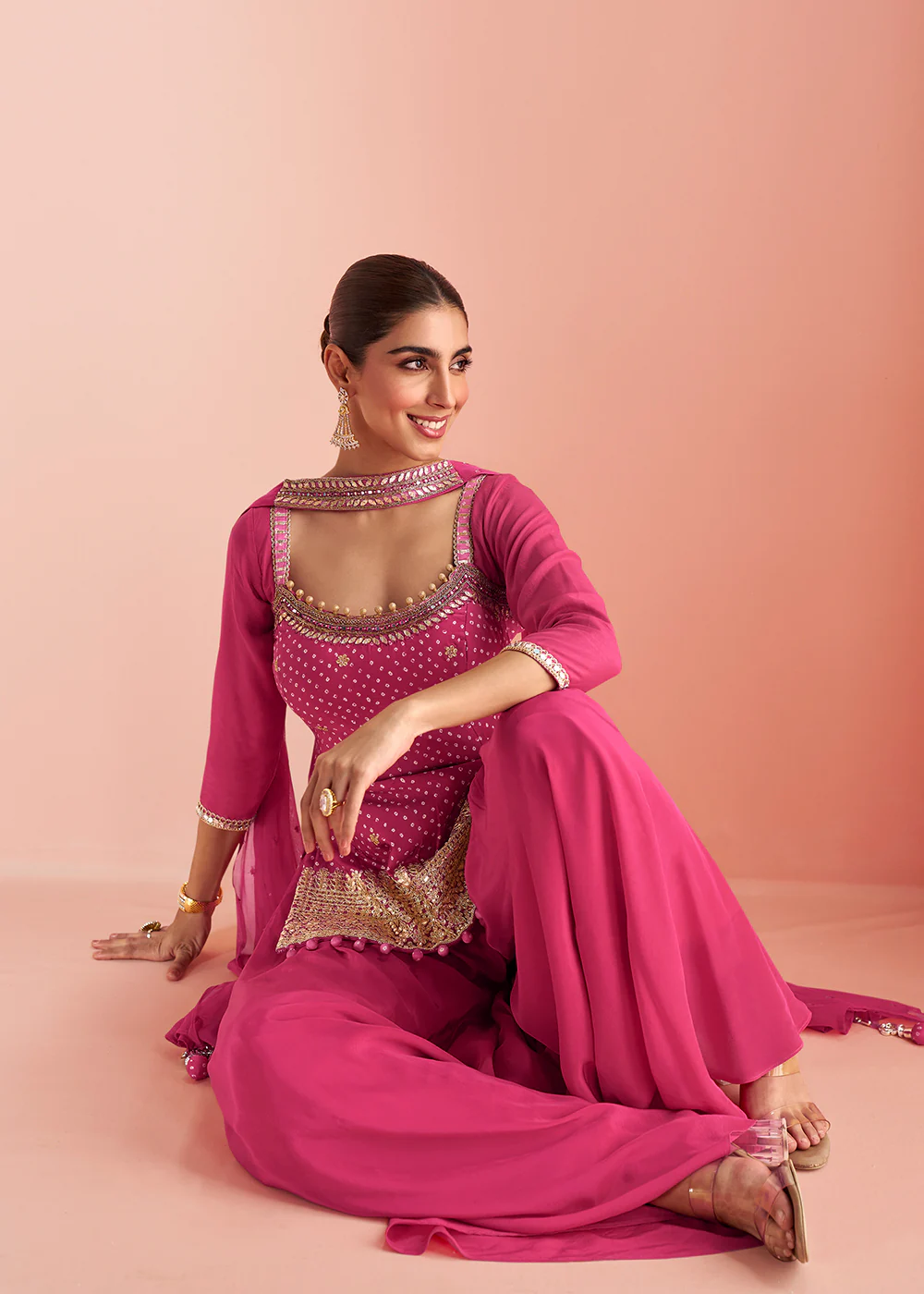 Hot Pink Short Shirt Style Trendy Palazzo Suit - Image 4
