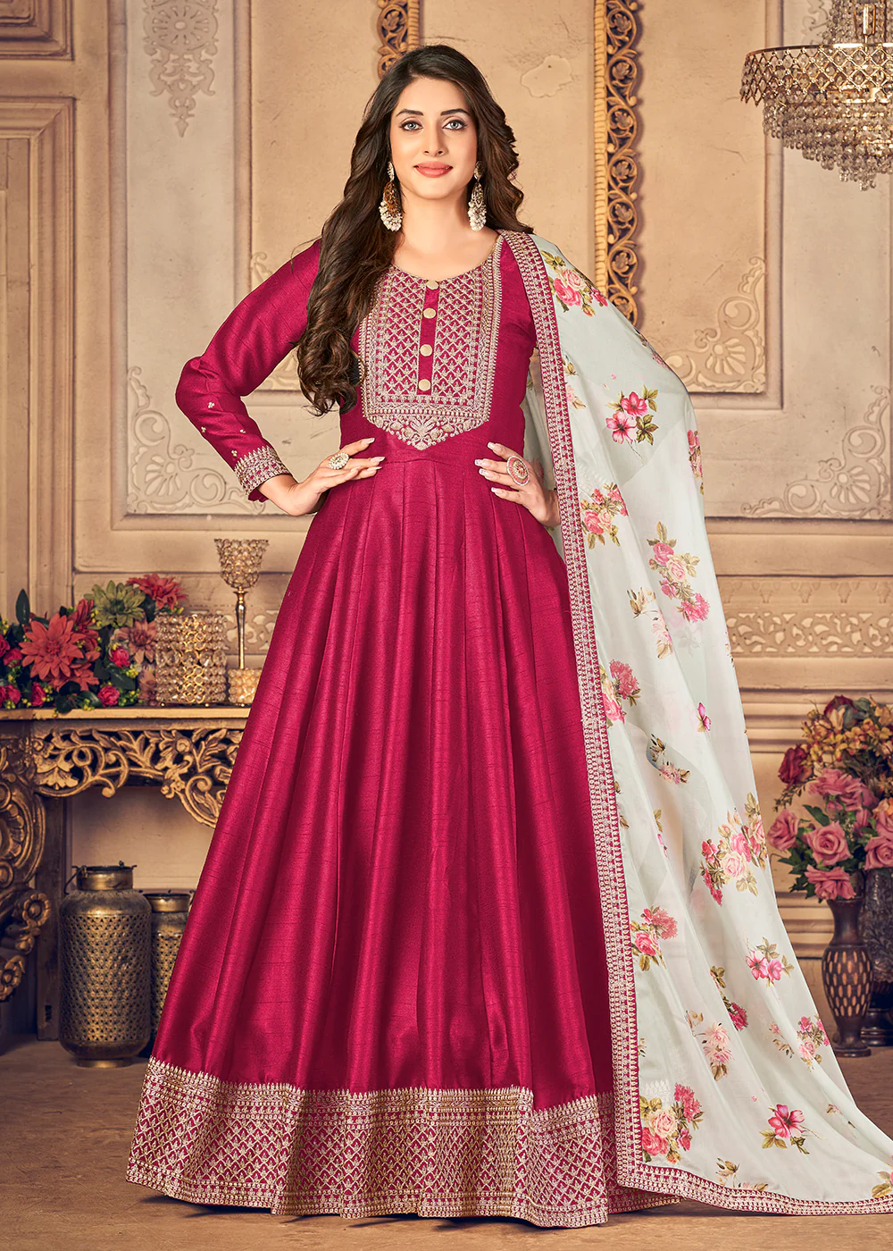 Hot Pink Silk Beautifully Embroidered Floor Length Anarkali