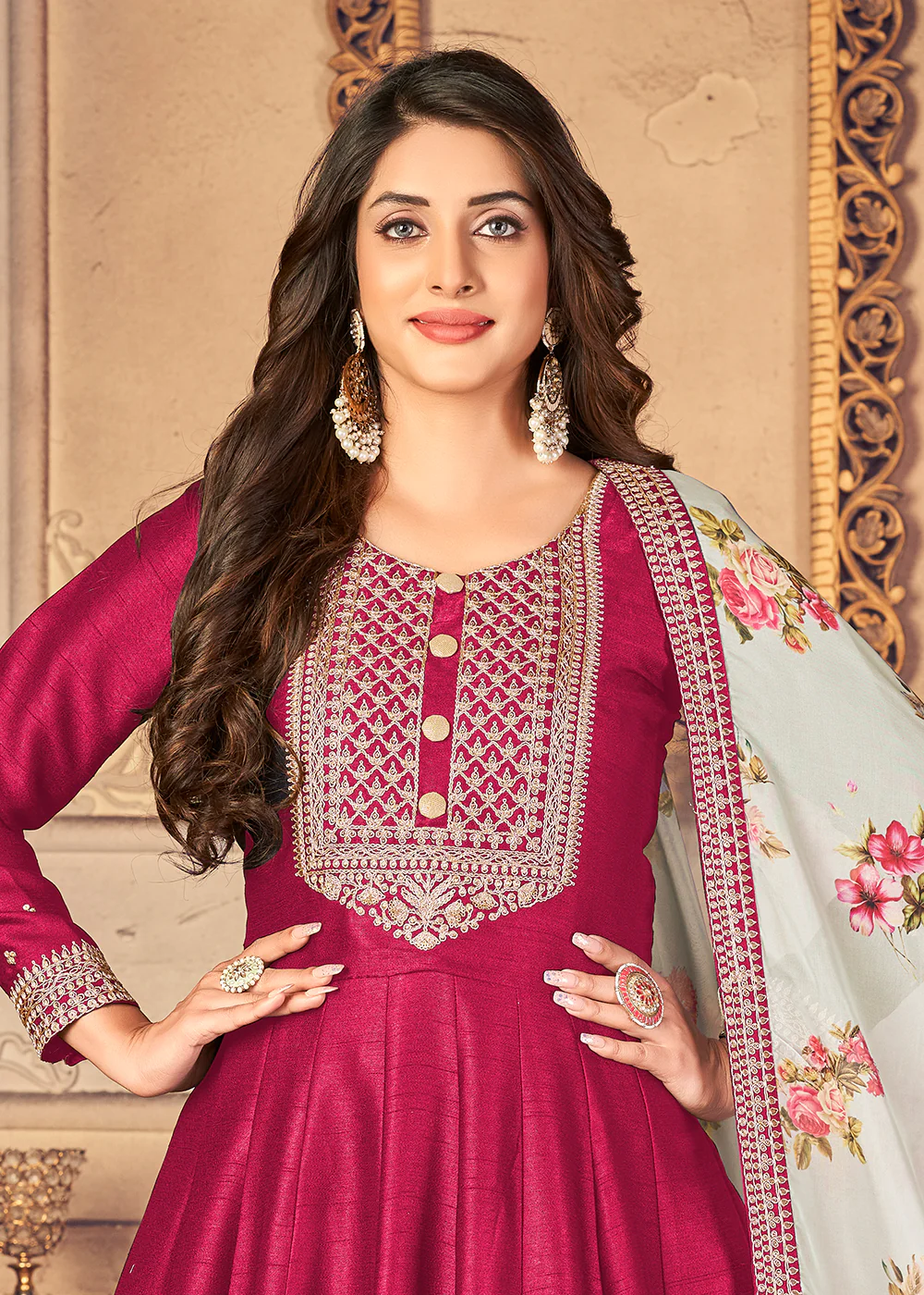 Hot Pink Silk Beautifully Embroidered Floor Length Anarkali - Image 2