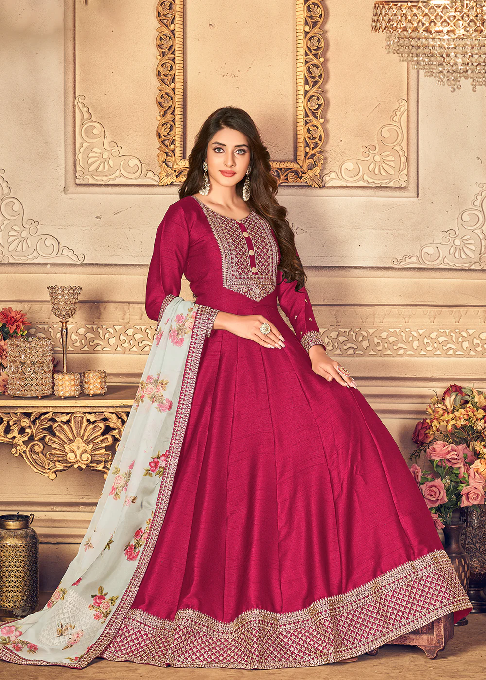 Hot Pink Silk Beautifully Embroidered Floor Length Anarkali - Image 3
