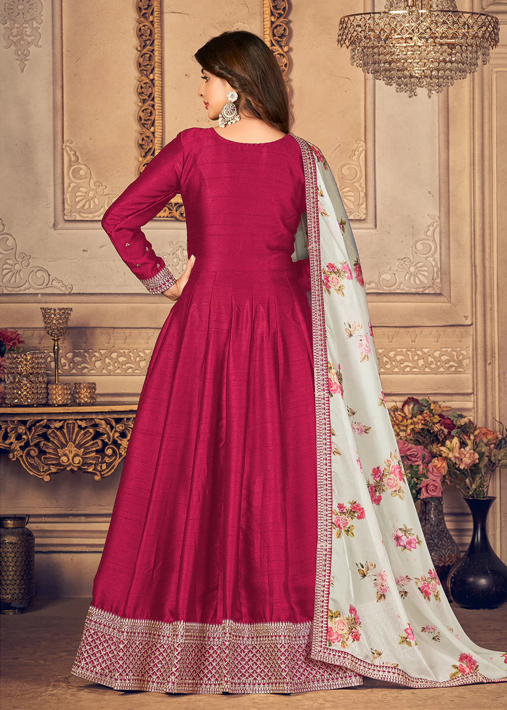 Hot Pink Silk Beautifully Embroidered Floor Length Anarkali - Image 4