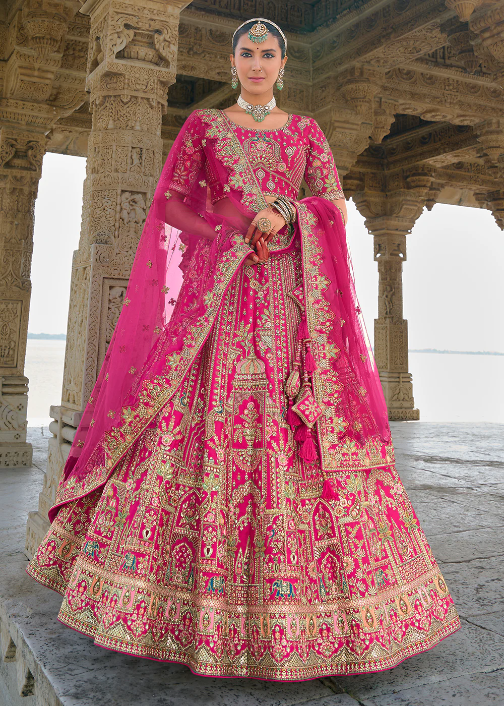 Hot Pink Silk Embroidered Bridal Wear Lehenga Choli