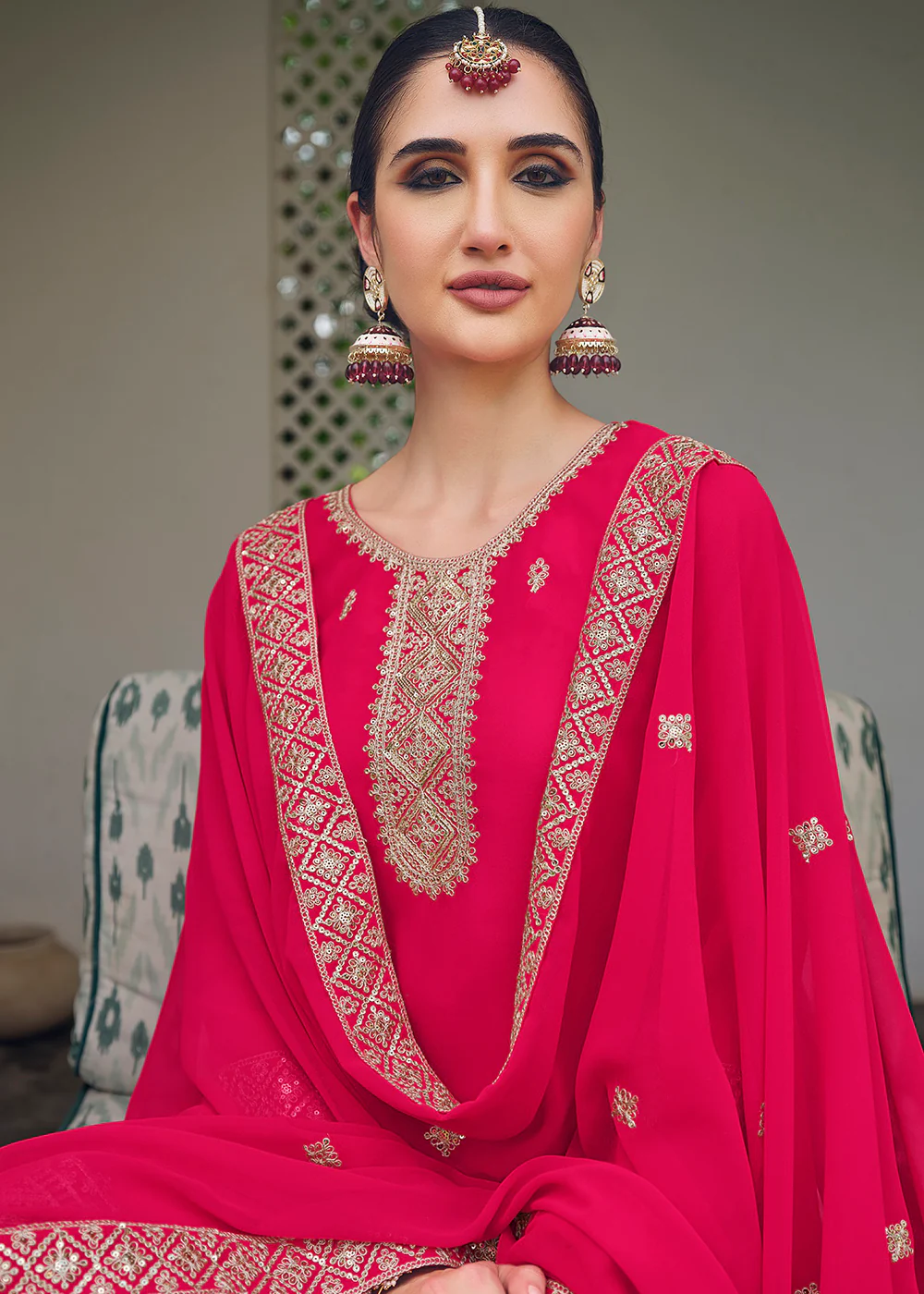 Hot Pink Stone Work Embroidered Festive Palazzo Suit - Image 2