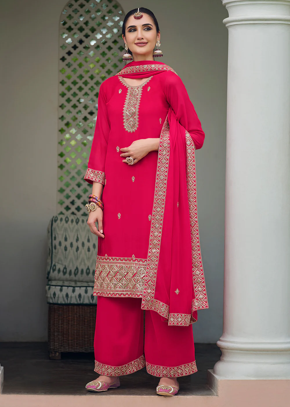 Hot Pink Stone Work Embroidered Festive Palazzo Suit - Image 3