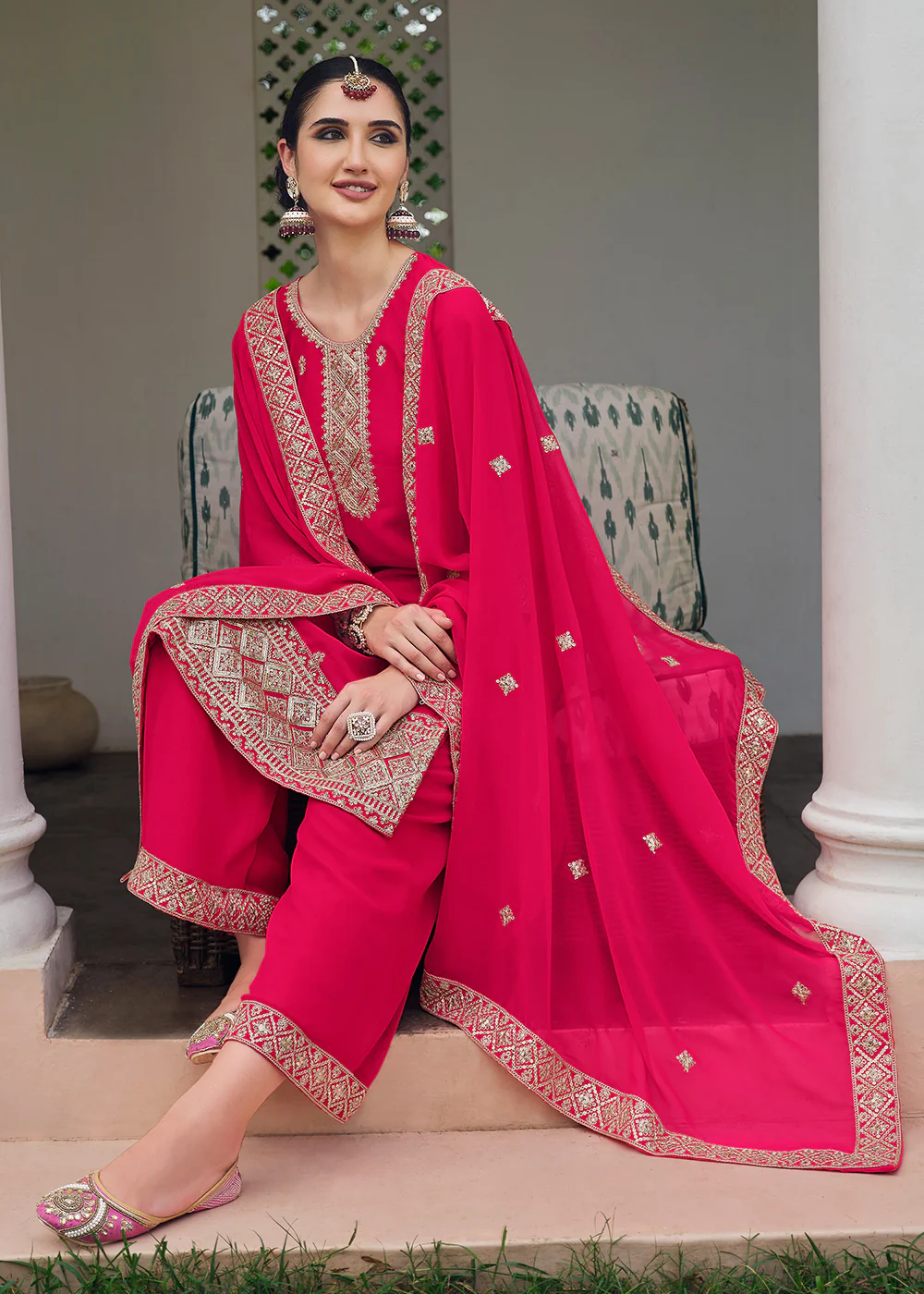 Hot Pink Stone Work Embroidered Festive Palazzo Suit - Image 4