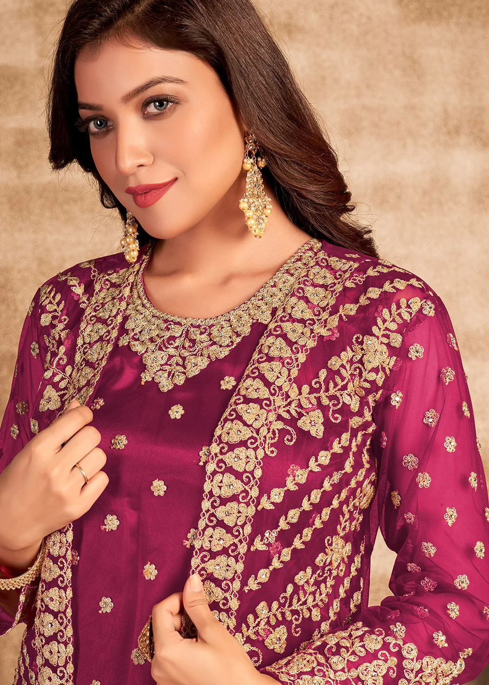 Hot Pink Stone Work Festival Jacket Style Suit - Image 2
