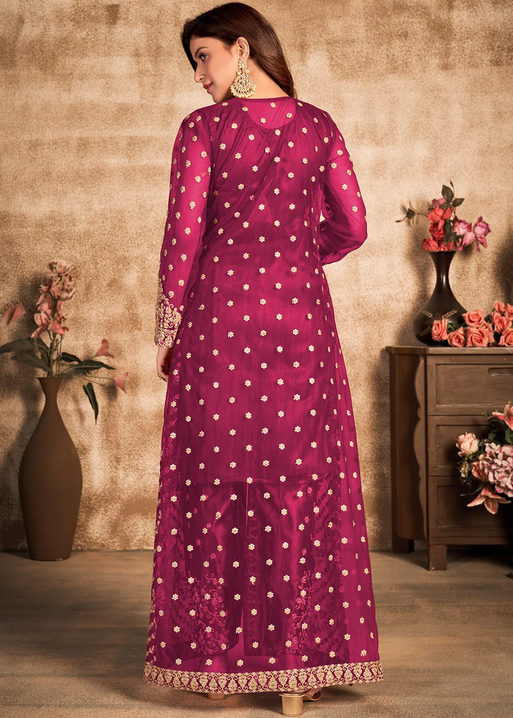 Hot Pink Stone Work Festival Jacket Style Suit - Image 3