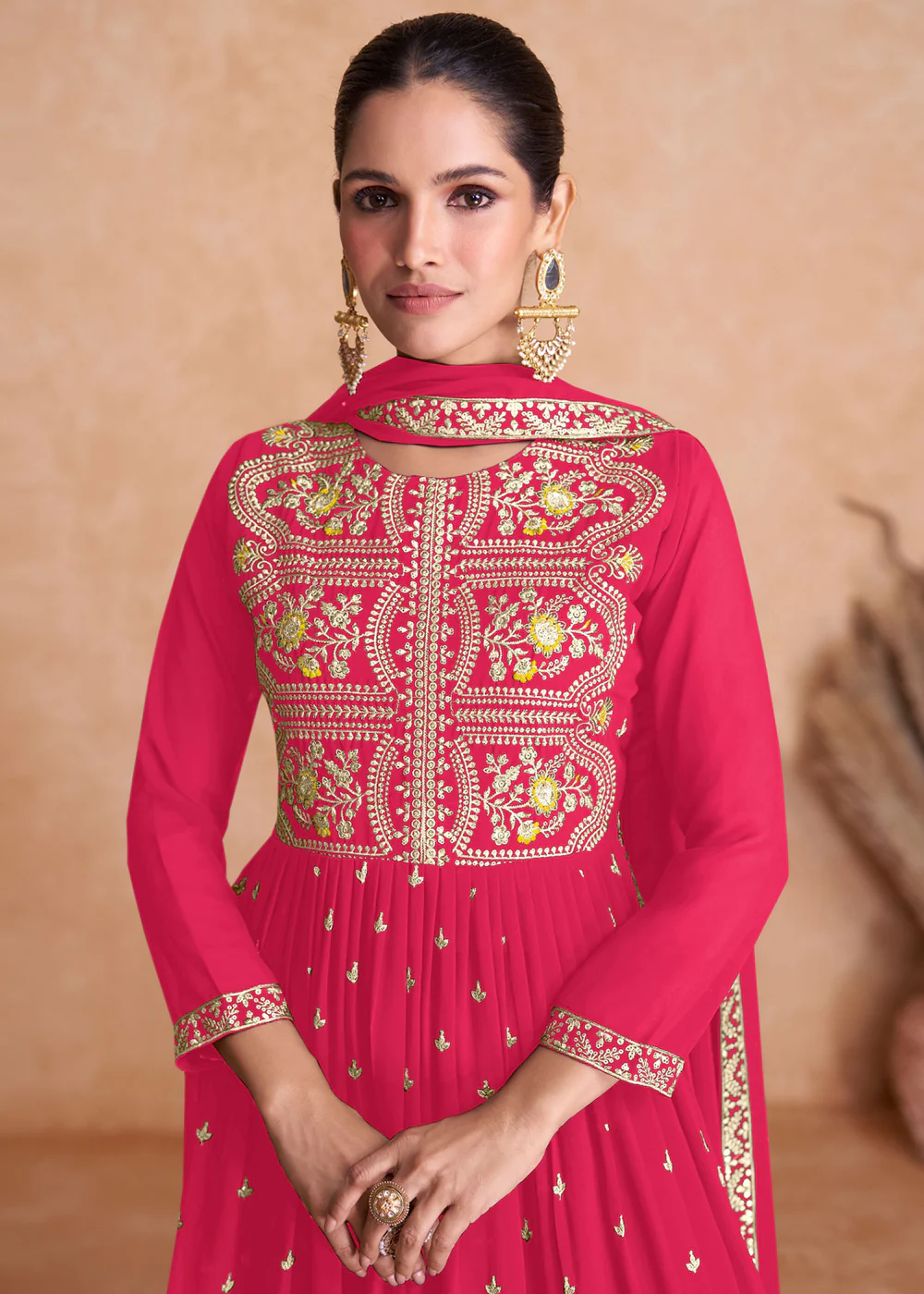 Hot Pink Wedding Embroidered Multicolor Palazzo Suit - Image 2