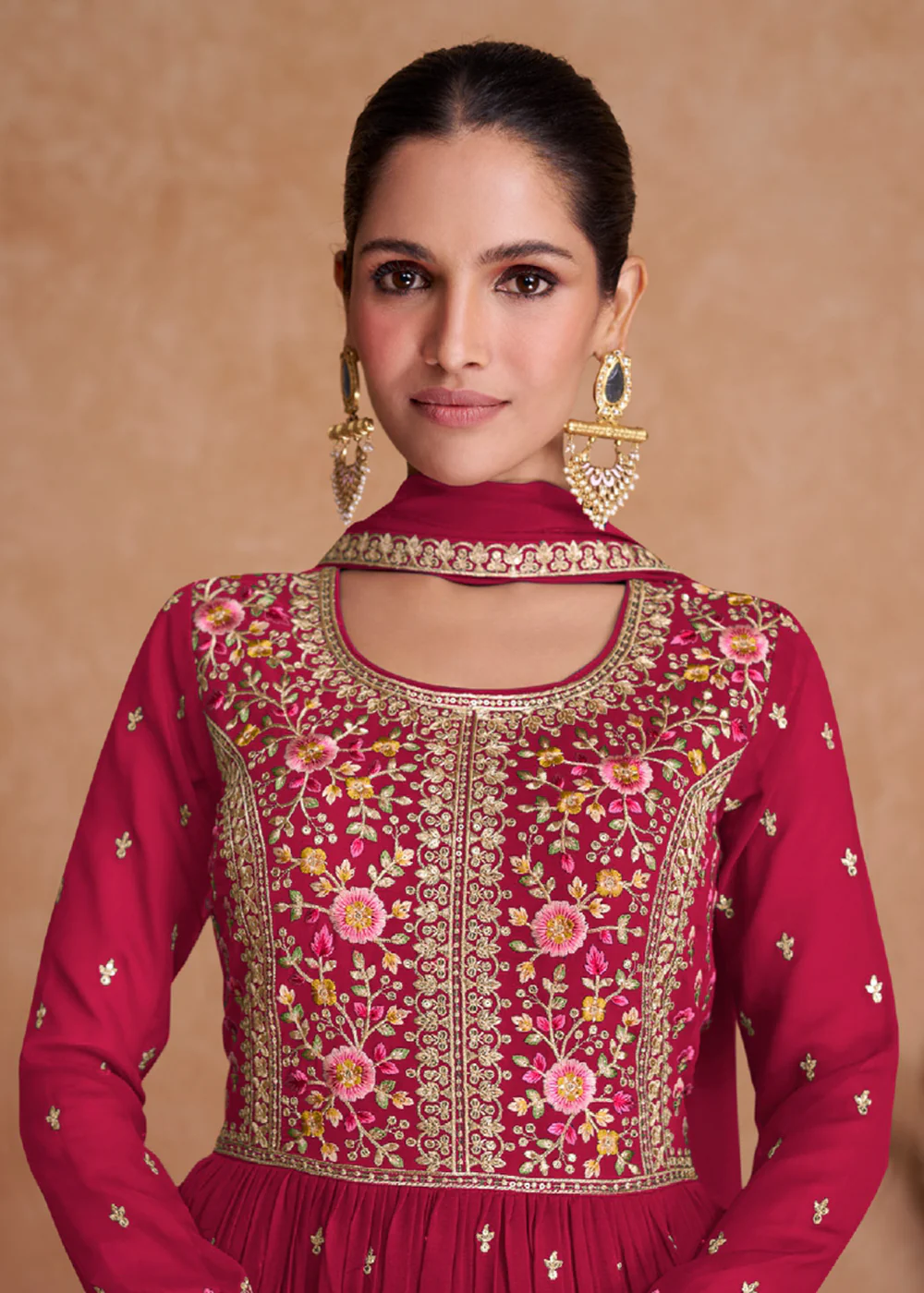 Hot Pink Wedding Long Top Georgette Palazzo Suit - Image 2
