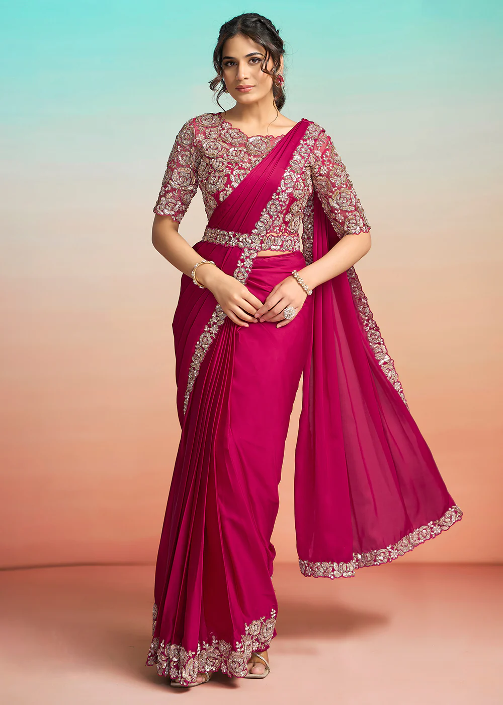 Hot Pink Wedding Party Ready to Wear Saree