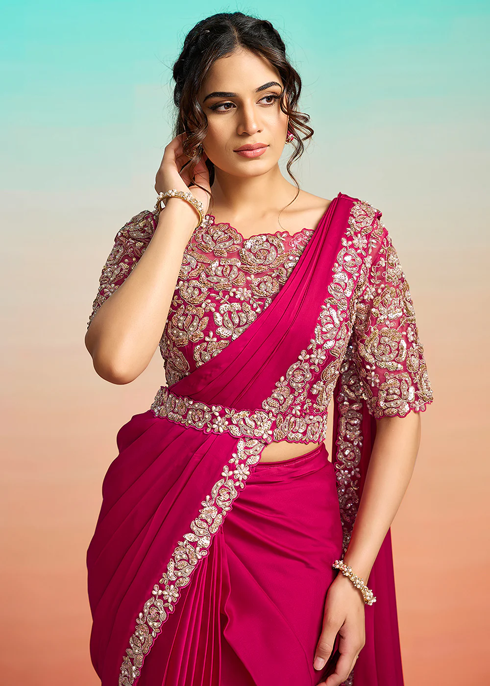 Hot Pink Wedding Party Ready to Wear Saree - Image 2