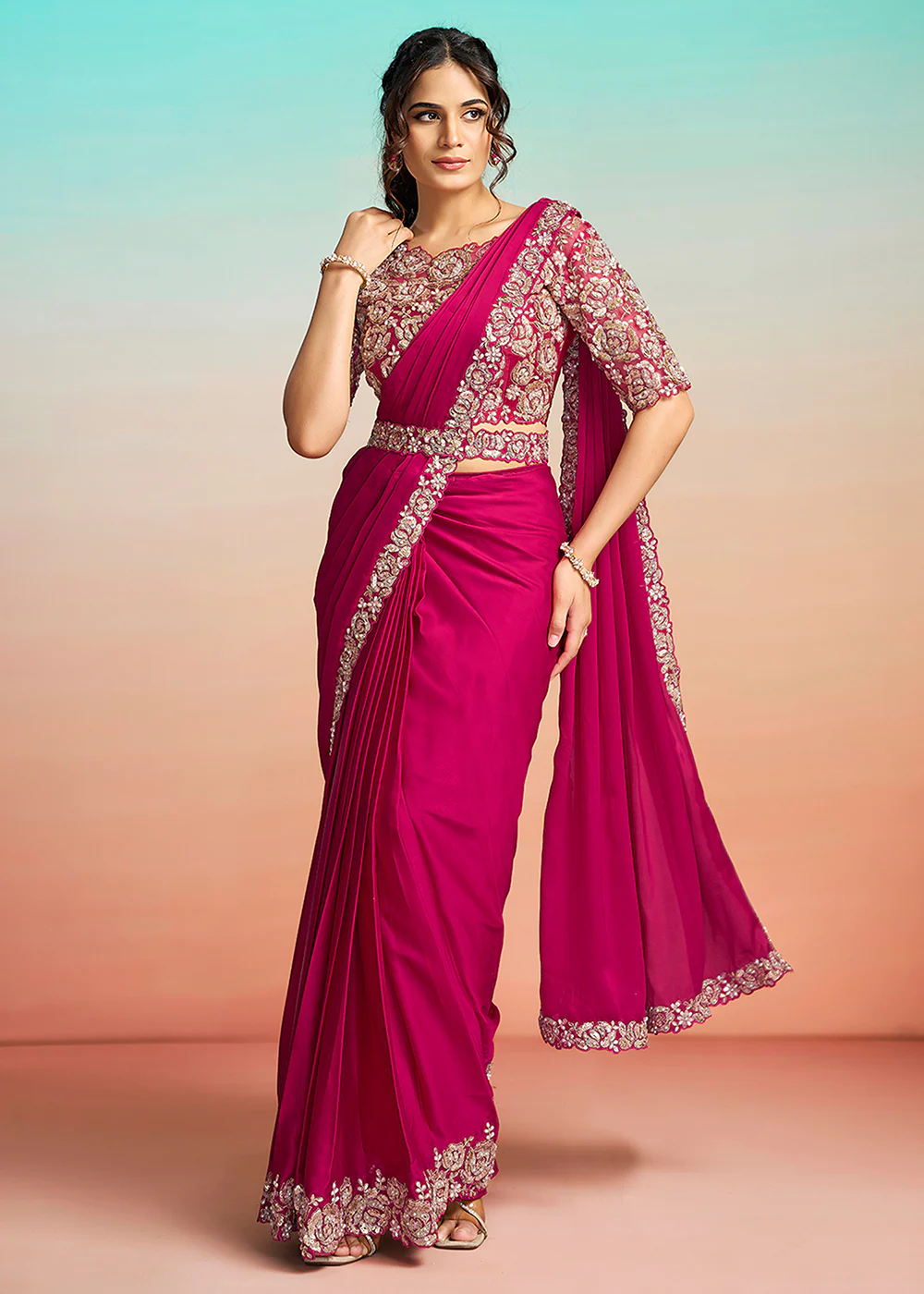 Hot Pink Wedding Party Ready to Wear Saree - Image 3