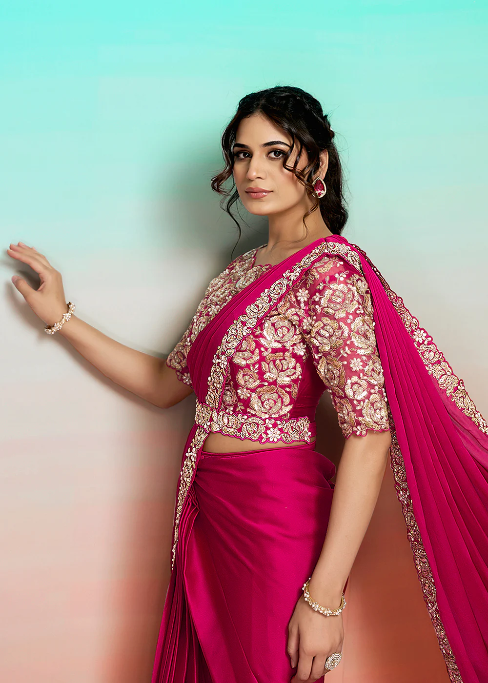 Hot Pink Wedding Party Ready to Wear Saree - Image 4