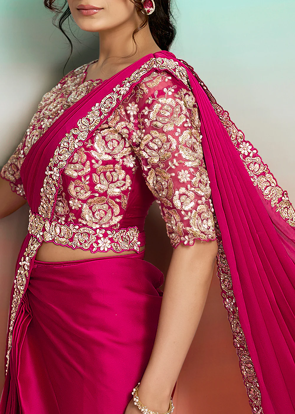 Hot Pink Wedding Party Ready to Wear Saree - Image 5