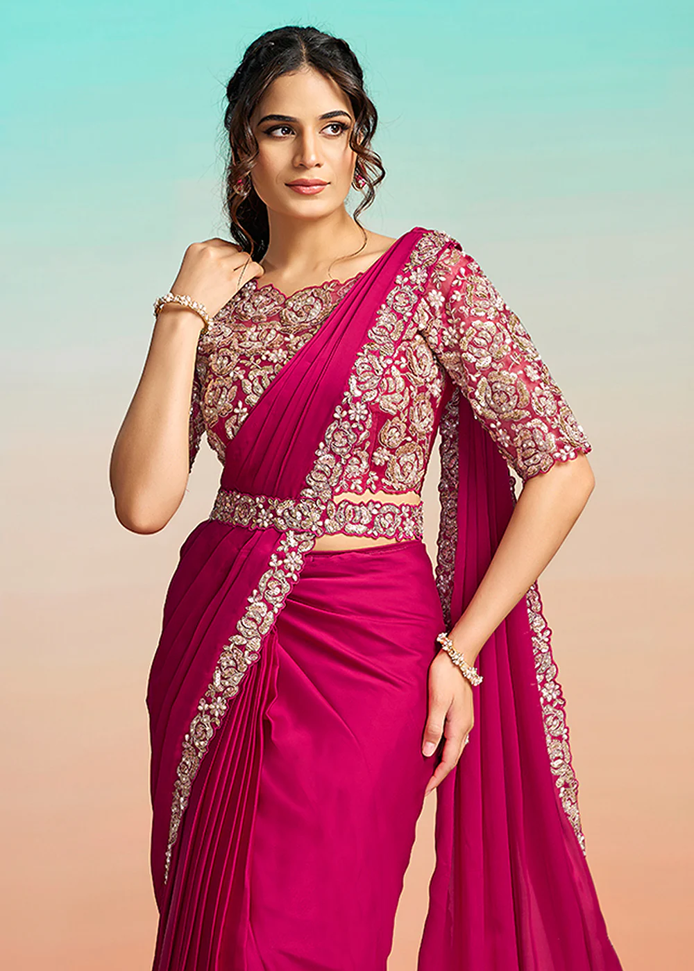 Hot Pink Wedding Party Ready to Wear Saree - Image 6