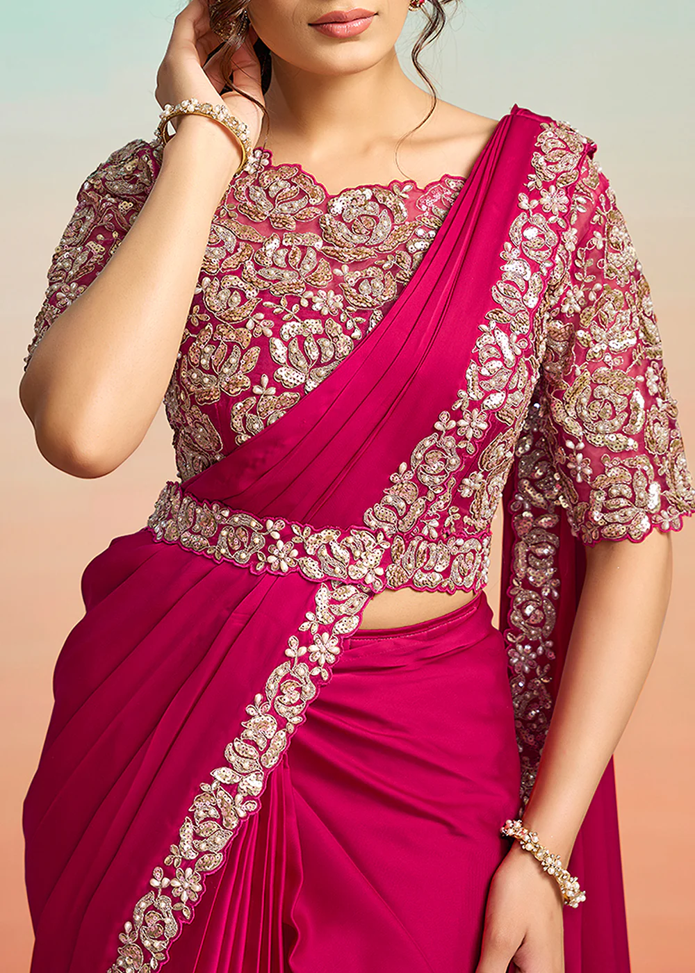 Hot Pink Wedding Party Ready to Wear Saree - Image 7