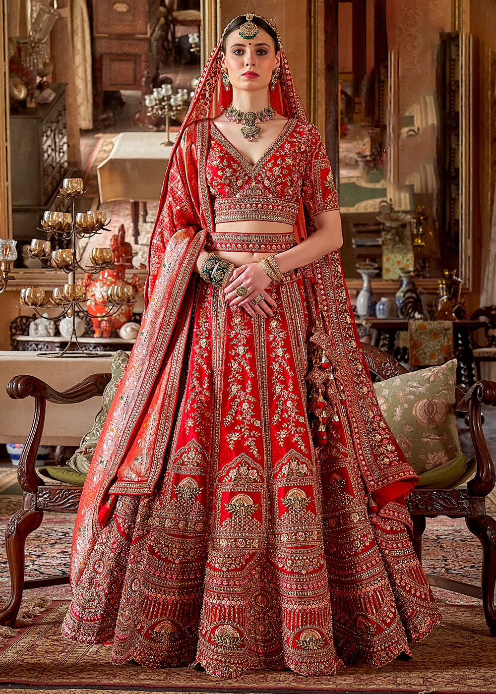 Hot Red Bridal Silk Sabyasachi Inspired Lehenga Choli