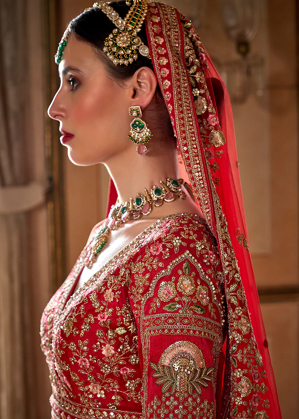 Hot Red Bridal Silk Sabyasachi Inspired Lehenga Choli - Image 2