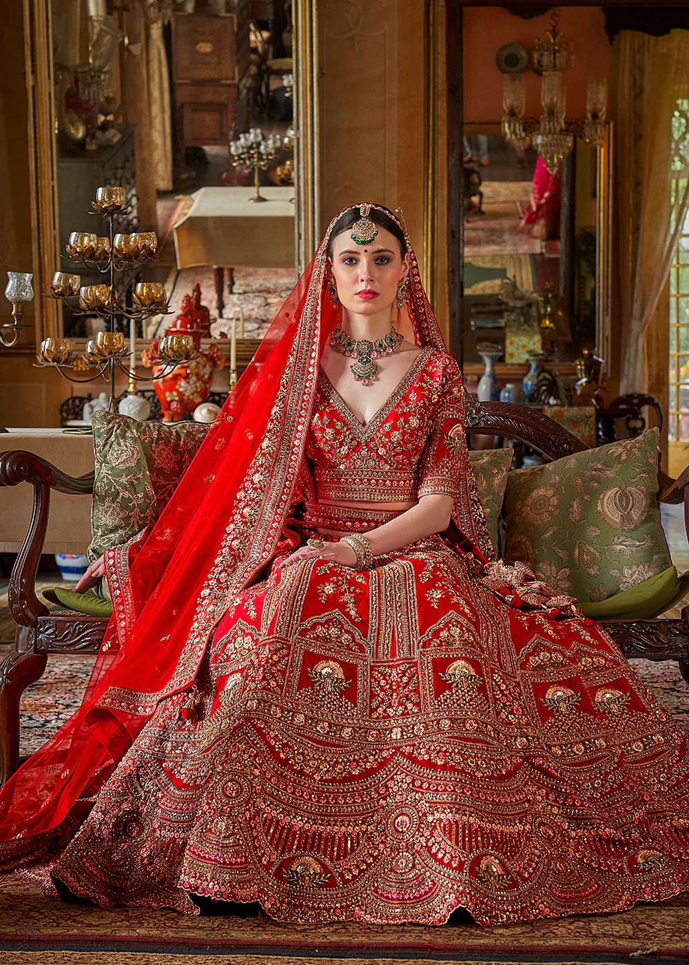 Hot Red Bridal Silk Sabyasachi Inspired Lehenga Choli - Image 3